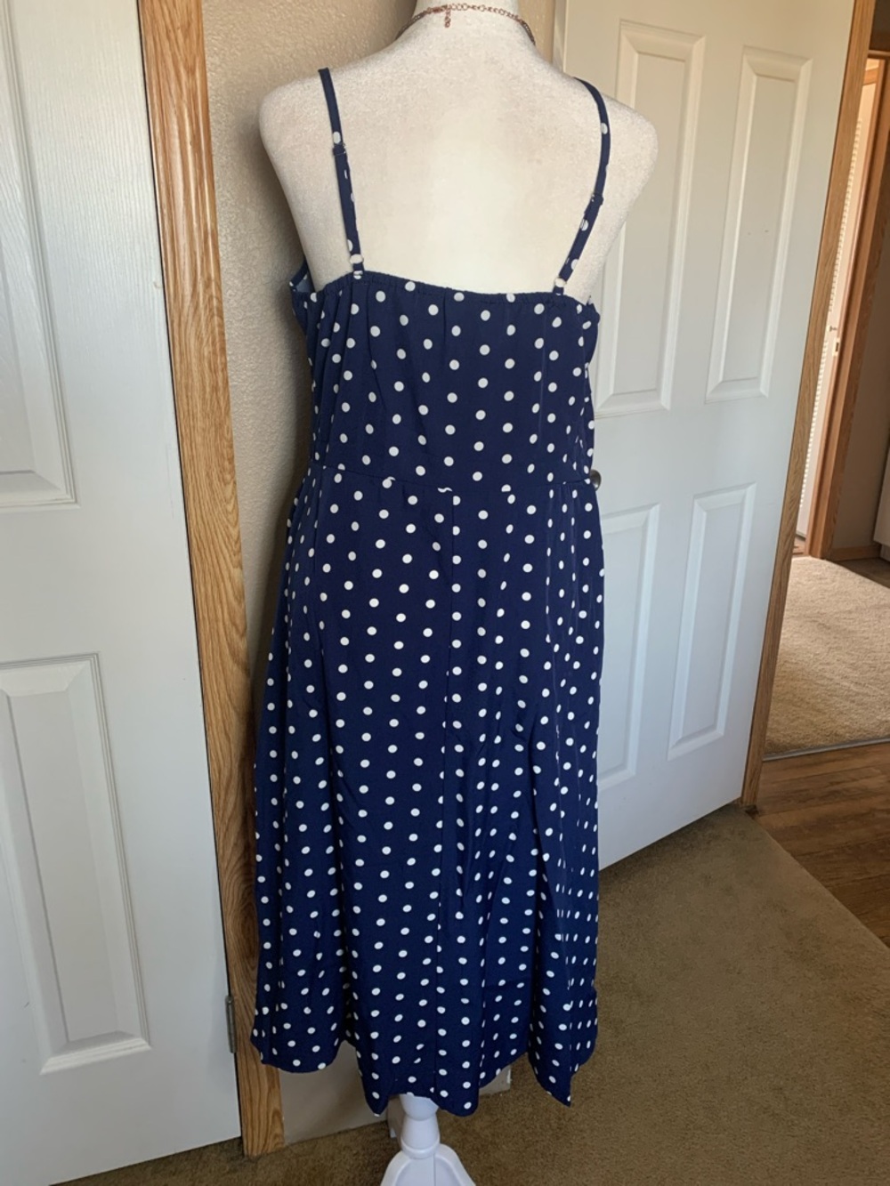 NAVY Polka Dot Midi Dress with Side Slit & Spaghetti Straps - Picture 4 of 7